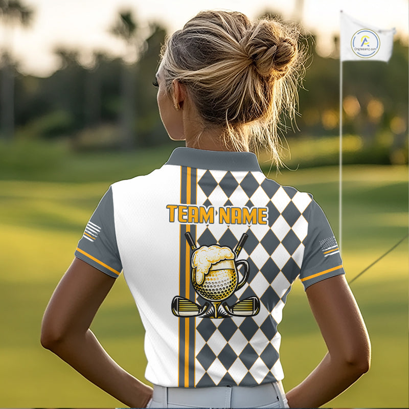 Personalized Womens Golf Polo Shirt Beer And Golf Ball Graphic Custom Team Name Golf Jersey|White 