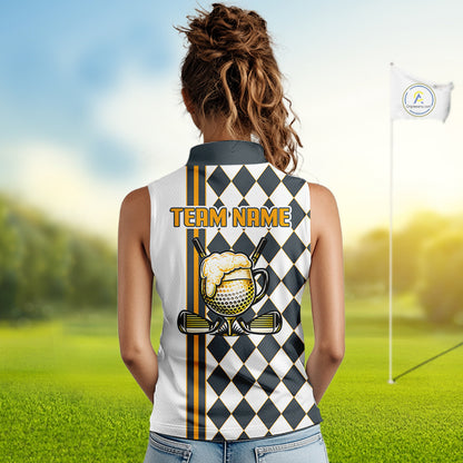 Personalized Womens Sleeveless Golf Polo Shirt Beer And Golf Ball Graphic Custom Team Name Golf Jersey|White 