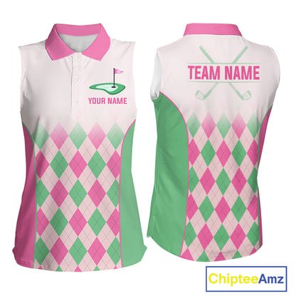 Argyle Pattern Womens Sleeveless Golf Polo Shirts For Womens Custom Name, Golf Pattern Pink Green Shirt Gifts NHT930