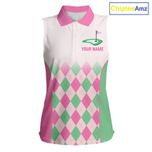 Load image into Gallery viewer, Argyle Pattern Womens Sleeveless Golf Polo Shirts For Womens Custom Name, Golf Pattern Pink Green Shirt Gifts NHT930