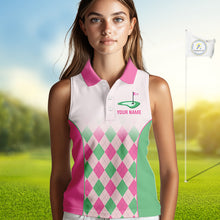 Load image into Gallery viewer, Argyle Pattern Womens Sleeveless Golf Polo Shirts For Womens Custom Name, Golf Pattern Pink Green Shirt Gifts NHT930
