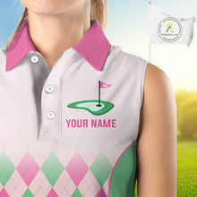 Load image into Gallery viewer, Argyle Pattern Womens Sleeveless Golf Polo Shirts For Womens Custom Name, Golf Pattern Pink Green Shirt Gifts NHT930