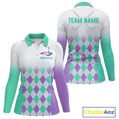 Argyle Pattern Golf Polo Shirts For Womens Custom Name, Golf Pattern Turquoise Purple Shirt Gifts NHT932
