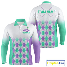 Load image into Gallery viewer, Argyle Pattern Golf Polo Shirts For Mens Custom Name, Golf Pattern Turquoise Purple Shirt Gifts NHT932