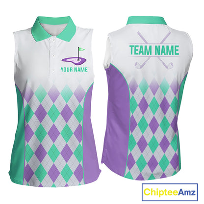 Argyle Pattern Womens Sleeveless Golf Polo Shirts For Womens Custom Name, Golf Pattern Turquoise Purple Shirt Gifts NHT932
