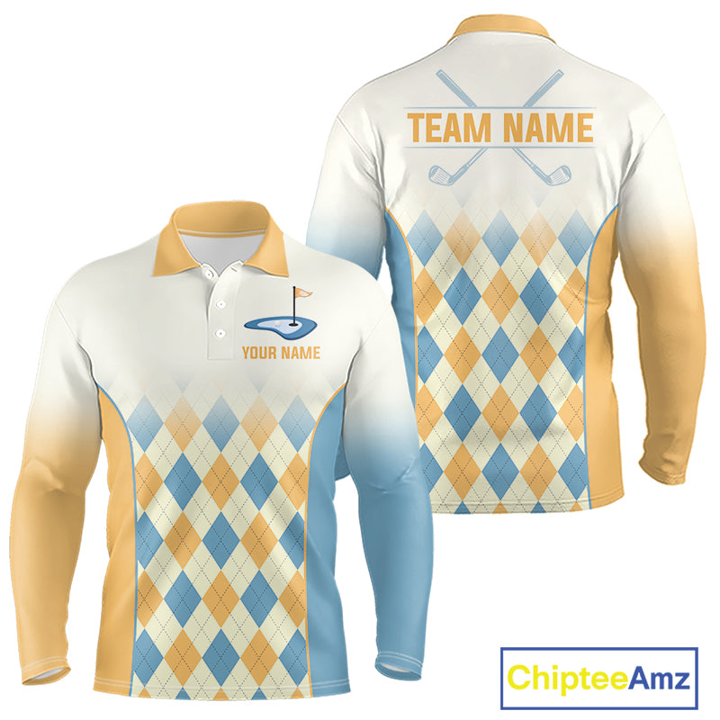 Argyle Pattern Golf Polo Shirts For Mens Custom Name, Golf Pattern Yellow Blue Shirt Gifts NHT933