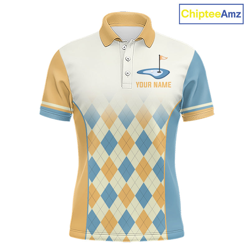 Argyle Pattern Golf Polo Shirts For Mens Custom Name, Golf Pattern Yellow Blue Shirt Gifts NHT933