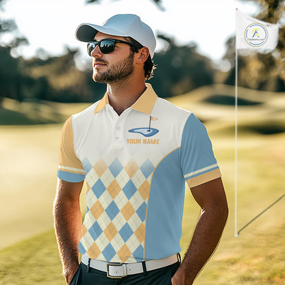 Argyle Pattern Golf Polo Shirts For Mens Custom Name, Golf Pattern Yellow Blue Shirt Gifts NHT933