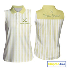 Load image into Gallery viewer, Personalized Womens Sleeveless Golf Polo Shirt Mint Yellow Striped Custom Team Name Polo For Womens