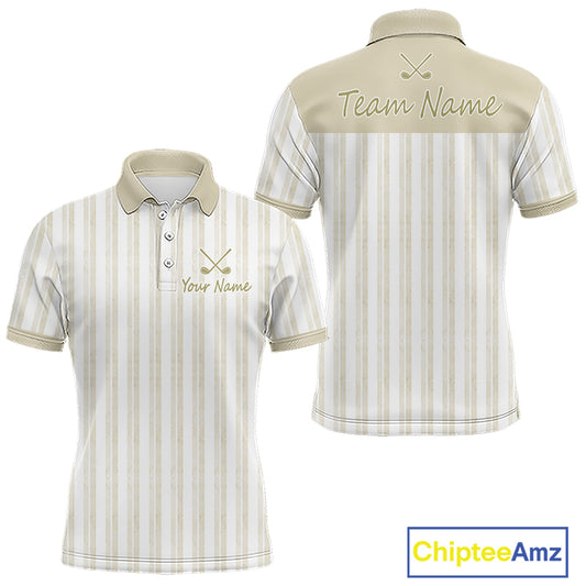 Personalized beige striped golf polo shirt for men with custom team name 