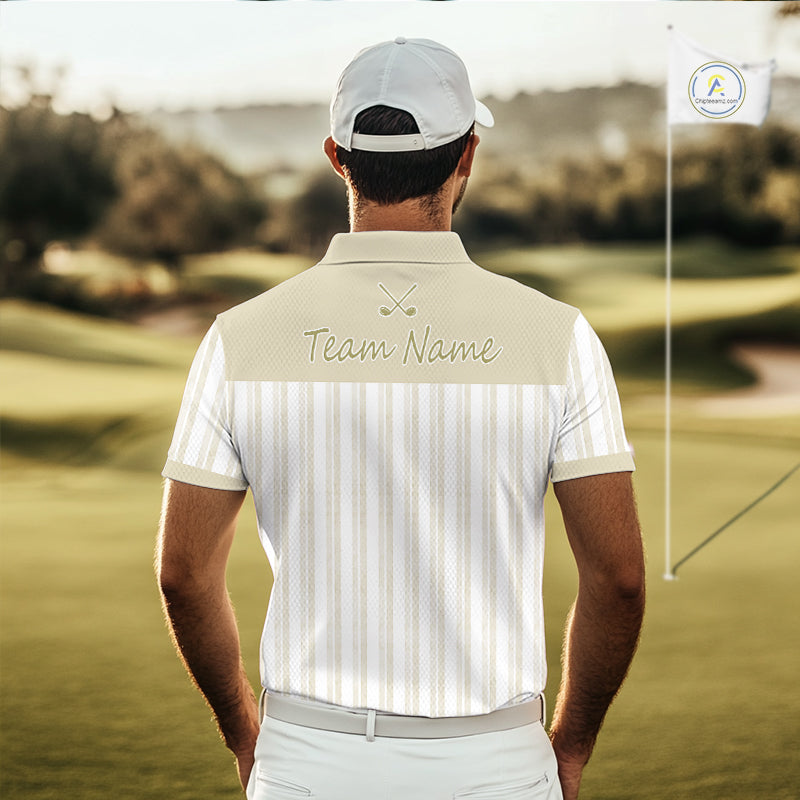 Personalized Golf Polo Shirt Beige Striped Custom Team Name Polo For Men NHT941