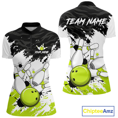 Front and back views of a short-sleeve polo shirt with a bowling-themed graphic print. The design features a black and white splatter pattern with bright lime green bowling balls and pins, customizable text placeholders reading 'YOUR NAME' and 'TEAM NAME', and a visible 'ChipteeAmz' logo in the bottom right corner.