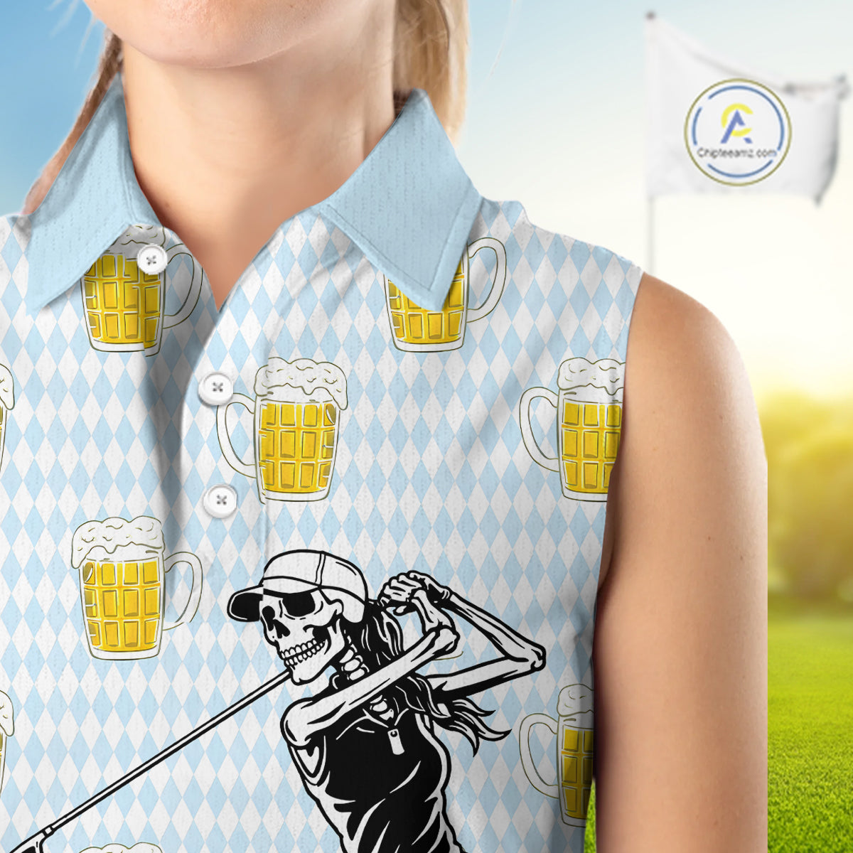 Funny Skull Womens Sleeveless Golf Polo Shirts Beer Blue Argyle Pattern Custom Name Skull Playing Golf Apparel NBT629