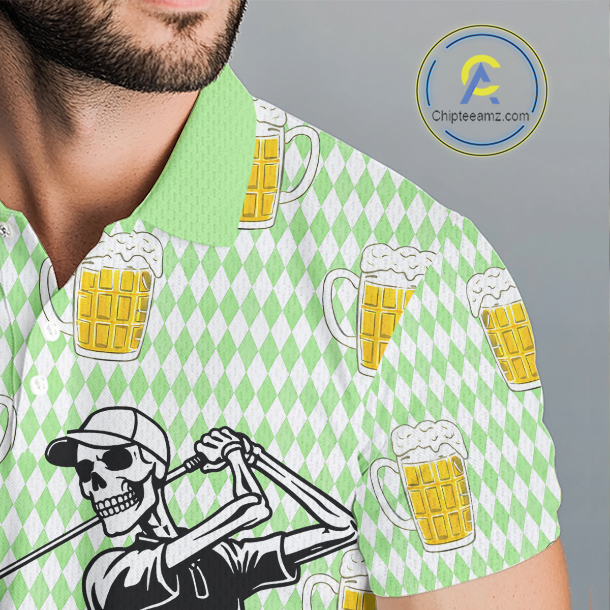 Funny Skull Golf Polo Shirts Beer Green Argyle Pattern Custom Name Skull Playing Golf Apparel NBT630