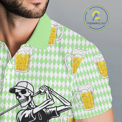 Funny Skull Golf Polo Shirts Beer Green Argyle Pattern Custom Name Skull Playing Golf Apparel NBT630