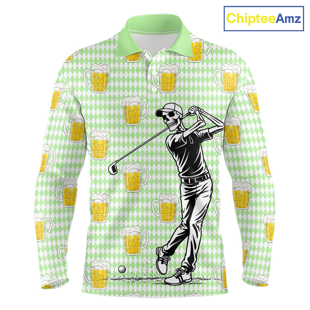 Funny Skull Golf Polo Shirts Beer Green Argyle Pattern Custom Name Skull Playing Golf Apparel NBT630