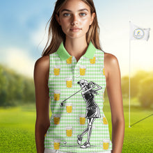 Load image into Gallery viewer, Funny Skull Womens Sleeveless Golf Polo Shirts Beer Green Argyle Pattern Custom Name Skull Playing Golf Apparel NBT630