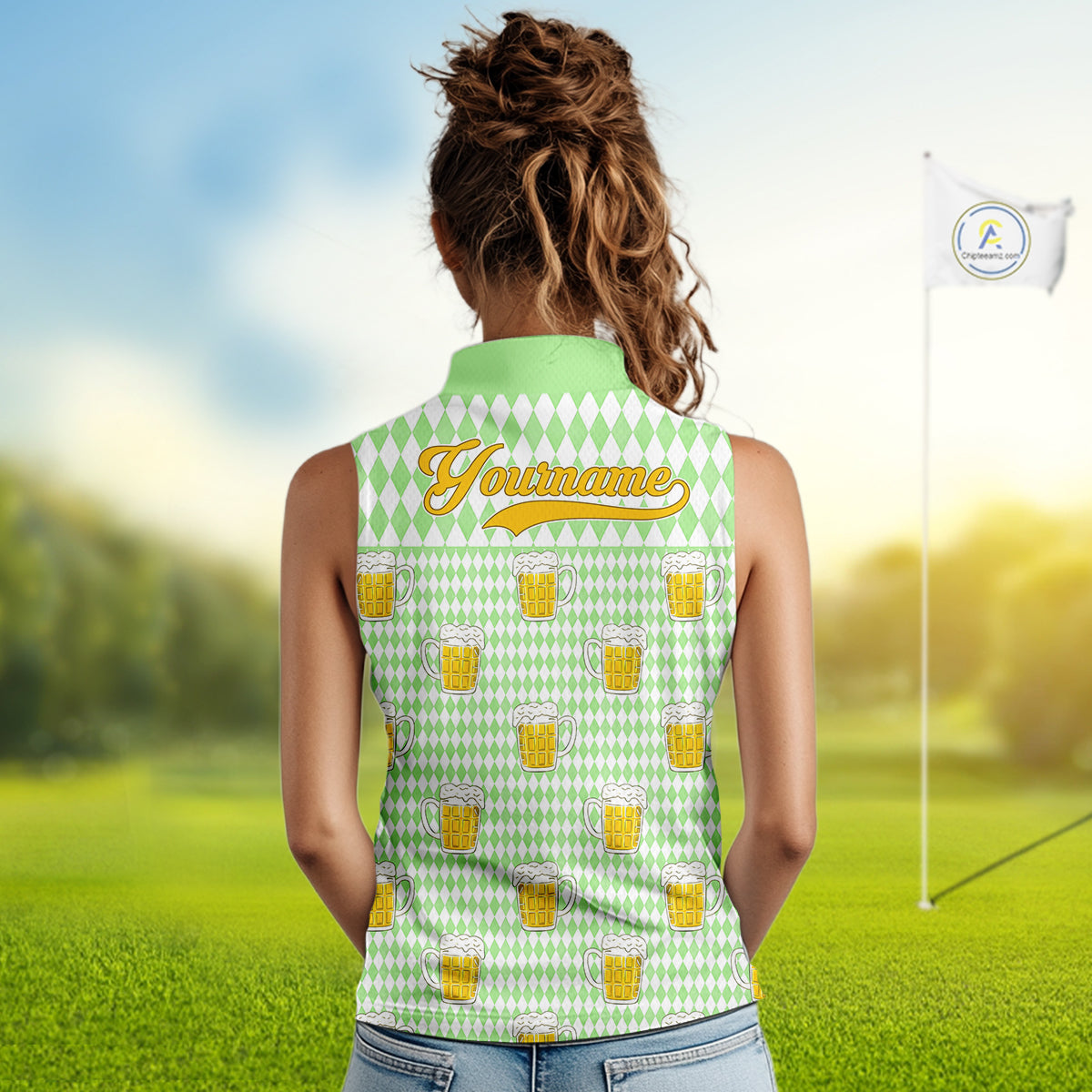 Funny Skull Womens Sleeveless Golf Polo Shirts Beer Green Argyle Pattern Custom Name Skull Playing Golf Apparel NBT630