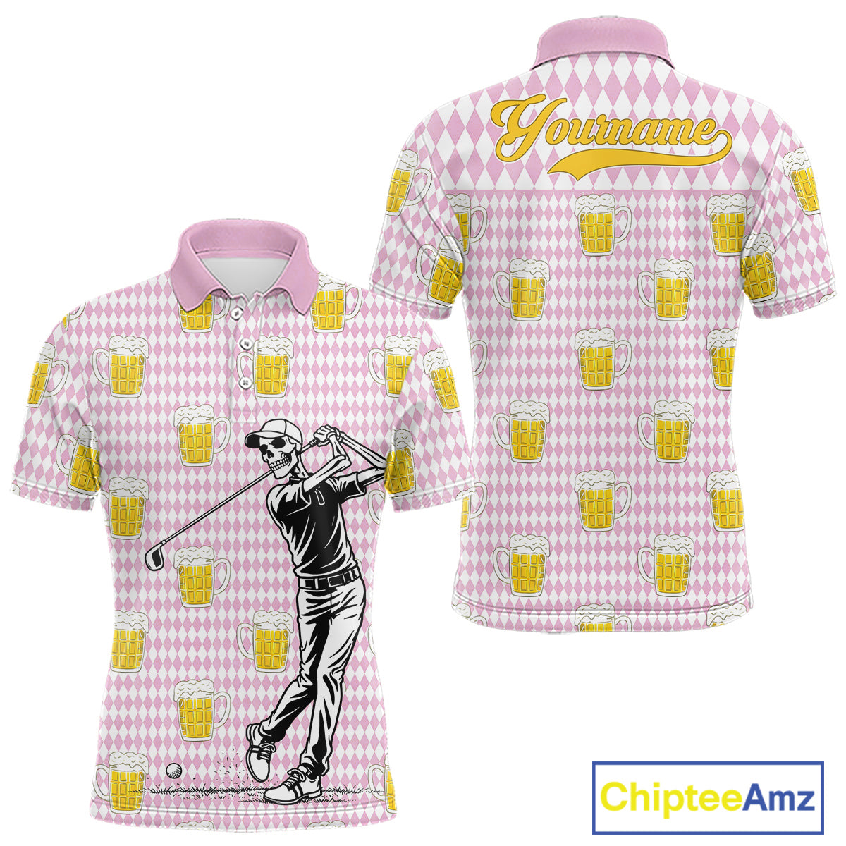 Funny Skull Golf Polo Shirts Beer Pink Argyle Pattern Custom Name Skull Playing Golf Apparel NBT631