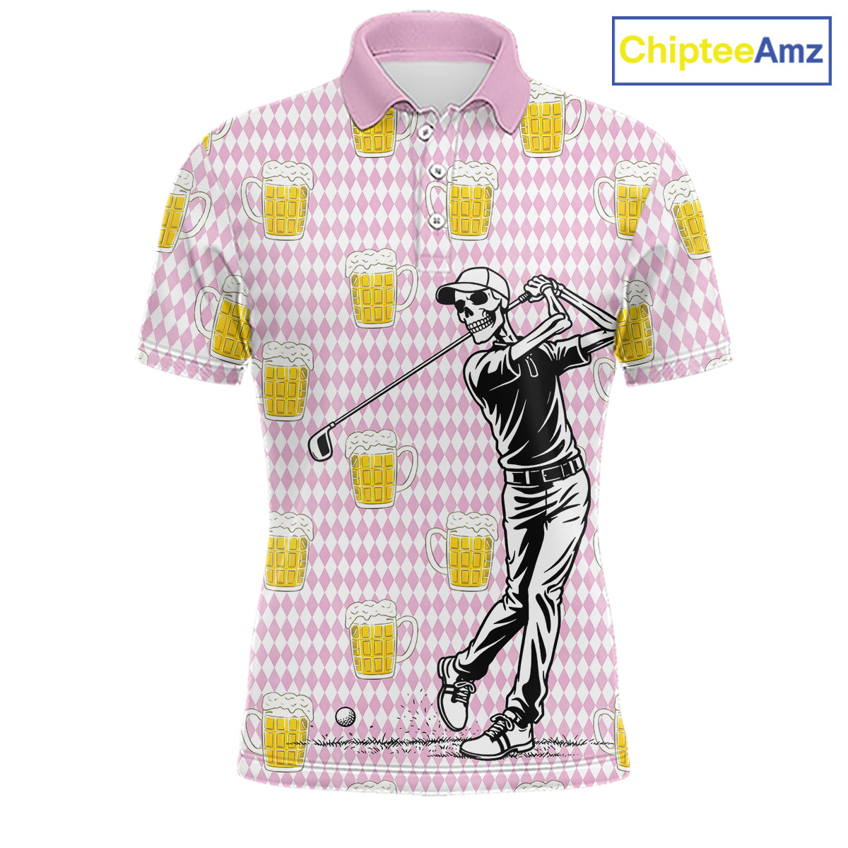 Funny Skull Golf Polo Shirts Beer Pink Argyle Pattern Custom Name Skull Playing Golf Apparel NBT631