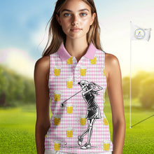 Load image into Gallery viewer, Funny Skull Womens Sleeveless Golf Polo Shirts Beer Pink Argyle Pattern Custom Name Skull Playing Golf Apparel NBT631