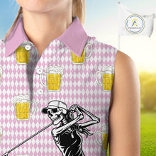 Load image into Gallery viewer, Funny Skull Womens Sleeveless Golf Polo Shirts Beer Pink Argyle Pattern Custom Name Skull Playing Golf Apparel NBT631