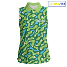 Load image into Gallery viewer, Custom Green Camo Pattern Womens Sleeveless Golf Polo Shirt Personalized Team Golf Uniform 