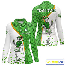 Load image into Gallery viewer, Custom St. Patrick's Day Womens Golf Polo Shirt – Lucky Shamrock Skeleton Golfer Team Uniform 