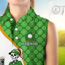 Load image into Gallery viewer, Green patterned shirt with a skull and crossbones design on a blurred golf course background