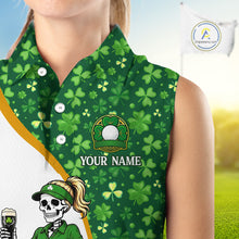 Load image into Gallery viewer, Green golf shirt with shamrock pattern and customizable text, brand logo visible