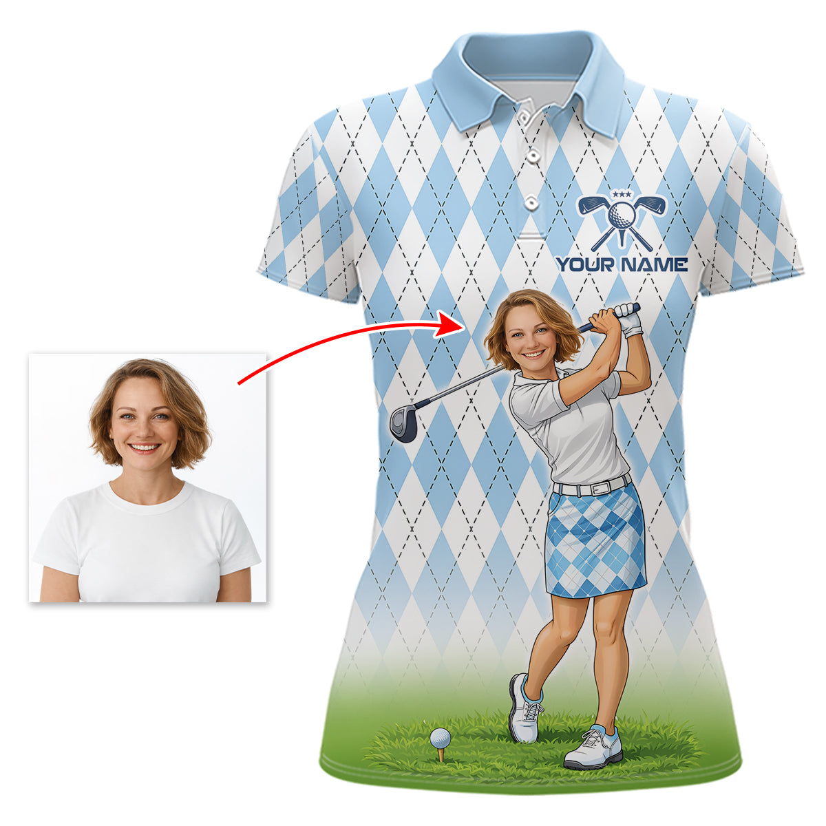 Personalized Argyle Style Funny Womens Golf Polo Shirt – Custom Face Portrait Cartoon Design NHT583