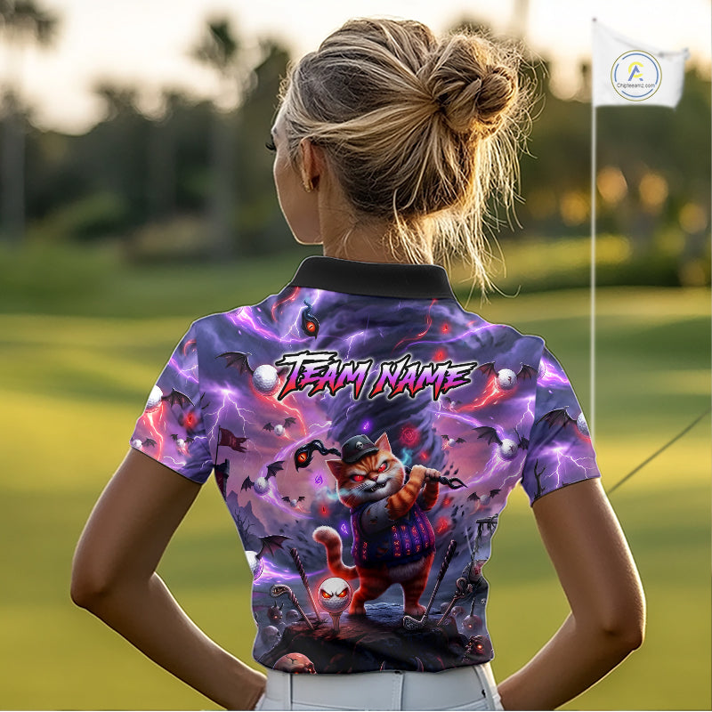 Personalized Womens Golf Polo Shirts Angry Cat Golfer Gothic Lightning Theme Team Name Shirt NHT803