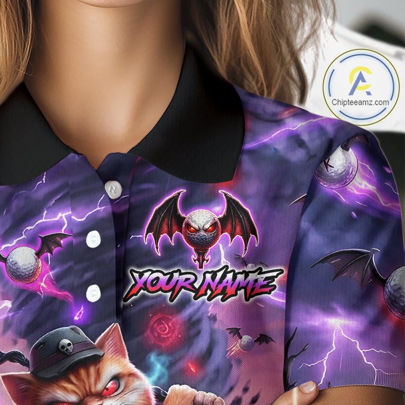 Personalized Womens Golf Polo Shirts Angry Cat Golfer Gothic Lightning Theme Team Name Shirt NHT803
