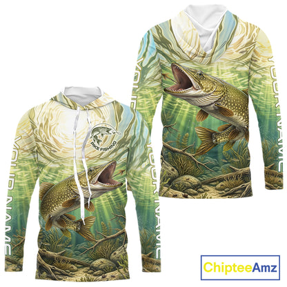 Northern Pike Fishing Jerseys For Men, Personalized Northern Pike Long Sleeve Hooded Fishing Shirts NHT808