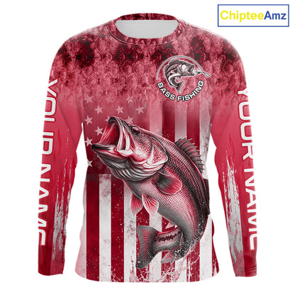 Custom Bass Fishing Shirt 3D Personalized Team Name Long Sleeve UV Protection Fishing Jersey|Red 