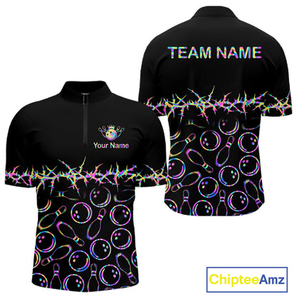 Black short-sleeve athletic jersey shown from front and back on a white background, with a quarter zip front, colorful neon bowling-pin and ribbon-style pattern across the chest and lower body, and customizable text areas reading TEAM NAME and Your Name. Brand watermark ChipteeAmz appears in the bottom right.