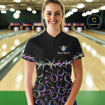 Personalized Bowling Shirt Black Neon Bowling Ball Custom Team Polo For Women NHT1269