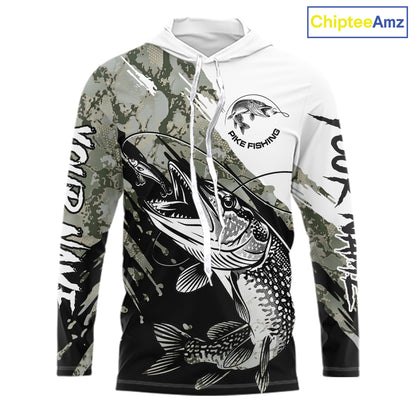 Personalized Gray Camo Northern Pike Fishing Jersey, Team Pike Fishing Long Sleeve Hooded Tournament Shirt NHT816