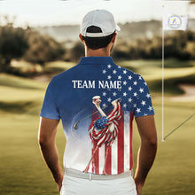 Load image into Gallery viewer, Man on a golf course wearing a custom polo shirt with an American flag design.