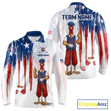 Load image into Gallery viewer, Front and back view funny rooster American Flag golf white mens long sleeve golf polo shirt custom name