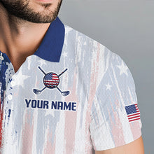 Load image into Gallery viewer, Close-up breathable polyester fabric texture on American Flag golf white mens golf polo shirt custom name