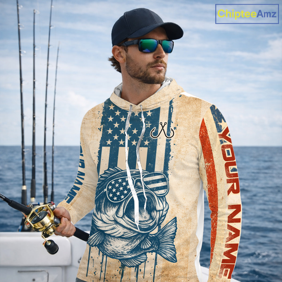 Custom Vintage Bass Funny Hooded Long Sleeve Fishing Shirt For Men, Bass Patriotic Fishing Shirt NHT601