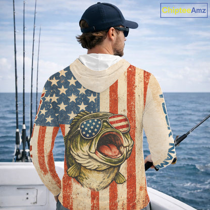 Custom Vintage Bass Funny Hooded Long Sleeve Fishing Shirt For Men, Bass Patriotic Fishing Shirt NHT601