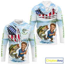 Load image into Gallery viewer, Personalized Bass Fishing Shirts Long Sleeve Hooded Custom Face Bass Fishing Patriot Shirt  NHT604