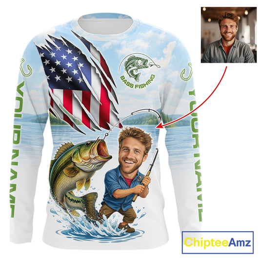 Personalized Bass Fishing Shirts Long Sleeve Custom Face Bass Fishing Patriot Shirt NHT604
