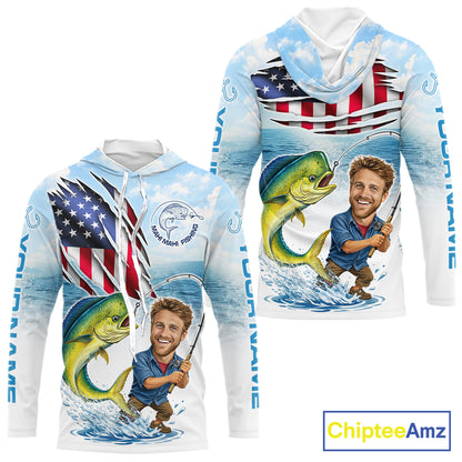 Personalized Mahi Mahi Fishing Shirts Long Sleeve Hooded Custom Face Mahi Mahi Fishing Patriot Shirt  NHT606