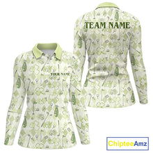 Load image into Gallery viewer, Custom Women’s Long Sleeve Golf Polo Shirt Lucky Shamrock Argyle Pattern Personalized Team Name