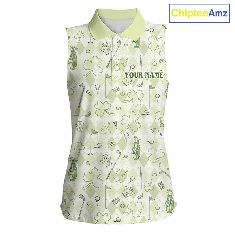 Custom Women's Sleeveless Golf Polo Shirt Lucky Shamrock Argyle Pattern Personalized Team Name|Green NHT969 - Women's Slee...