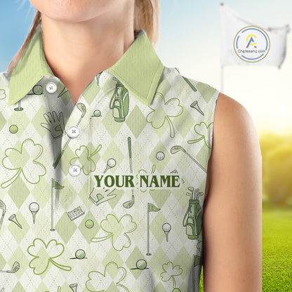 Custom Women's Sleeveless Golf Polo Shirt Lucky Shamrock Argyle Pattern Personalized Team Name