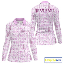 Load image into Gallery viewer, Custom Women’s Long Sleeve Golf Polo Shirt Lucky Shamrock Argyle Pattern Personalized Team Name